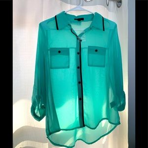 “Mine,” blouse, size Med., mint and black- sheer